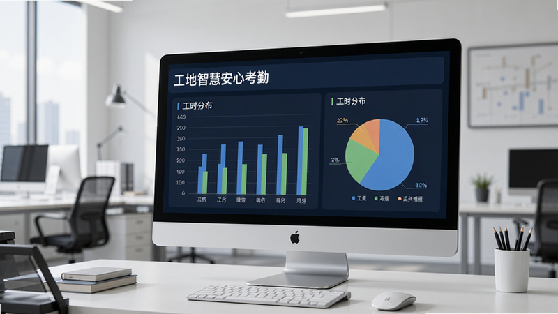 电脑屏幕显示“工地智慧安心考勤”管理后台的数据图表,包含柱状图和饼图,展示工时分布,背景为办公室环境,风格商务简洁,高清,无杂乱元素