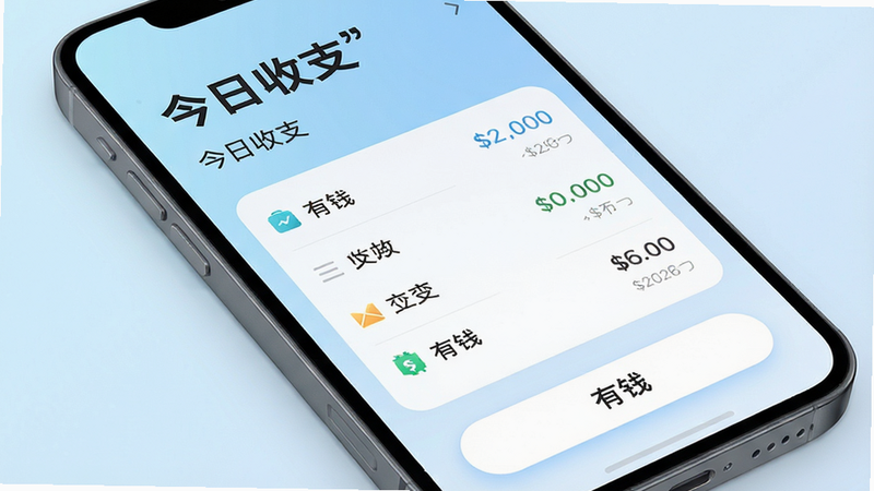 主体为手机屏幕特写,显示“有钱”App界面,背景为浅蓝色渐变,布局清晰,顶部有“今日收支”大字,中间是简洁的收支列表,底部有圆角矩形按钮,风格现代简约,细节精致,画质高清,干净无多余元素,文字引号: