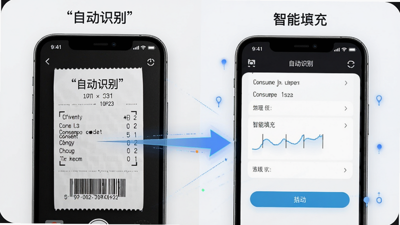 主体为智能识别功能演示图,手机屏幕显示一张消费小票,箭头指向App内的自动填充表单,布局左右对比,左侧为原始票据,右侧为整理后的数据,风格科技感,细节清晰,画质高,干净,文字引号: