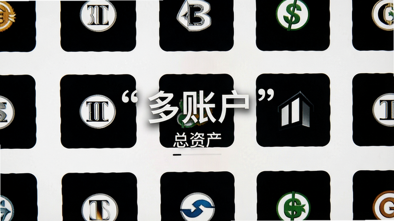 主体为多账户管理界面,显示多个银行Logo图标,布局网格状,背景白色,风格简洁,细节精致,画质高,干净,文字引号:
