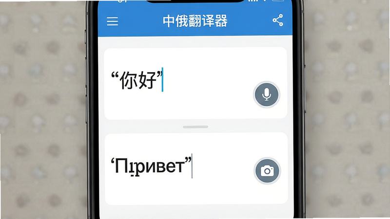 主体为“中俄翻译器”手机应用界面,布局清晰分为上下两部分,上部为输入框显示中文“你好”,下部为输出框显示俄文“Привет”,排版整齐,风格扁平化极简设计,细节展示麦克风图标和相机图标,文字加引号