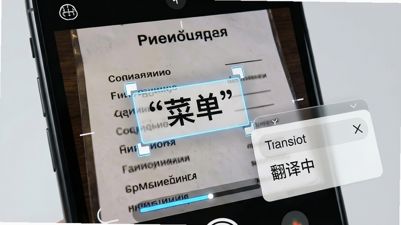 主体为手机屏幕特写,布局显示摄像头取景框对准一张俄文菜单,排版突出识别框选中的文字区域,风格科技感写实,细节展示识别进度条和翻译结果浮层,文字加引号