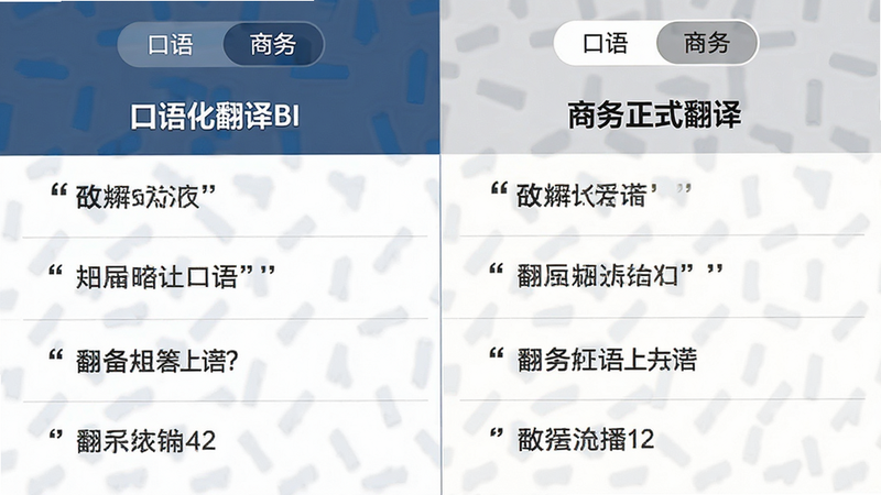 主体为翻译结果对比界面,布局分为左右两栏,左栏显示口语化翻译,右栏显示商务正式翻译,排版对比鲜明,风格专业严谨,细节展示切换标签“口语”和“商务”,文字加引号
