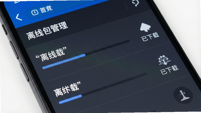 主体为手机设置界面,布局展示“离线包管理”选项列表,排版列表项清晰可见,风格简约商务,细节展示下载进度条和已下载状态图标,文字加引号