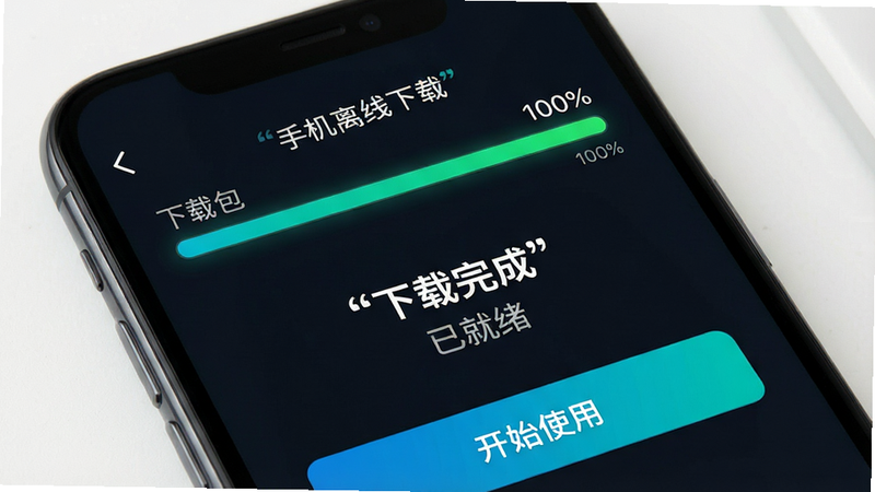 主体为手机离线包下载界面,布局显示下载进度条达到100%,排版简洁,风格科技感,细节展示“下载完成”提示和“开始使用”按钮,文字加引号
