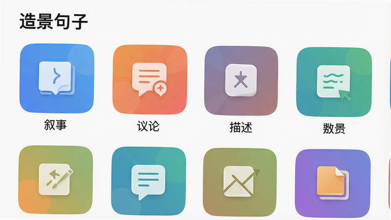 ����Ϊ�ֻ�Ӧ��ģ��ѡ����棬չʾ��������ӡ�APP�ġ�����ģ�塱ģ�顣����Ϊ����״���е�ͼ�꣬���������¡��������ۡ������������ȷ��ࡣ����Լ�ִ���ɫ�ʷḻ��Э����ϸ�ڰ���ͼ���ڵĴ����Է��ţ����ʸ��壬�ɾ��޶���Ԫ�أ��������ݣ�������ģ�塱