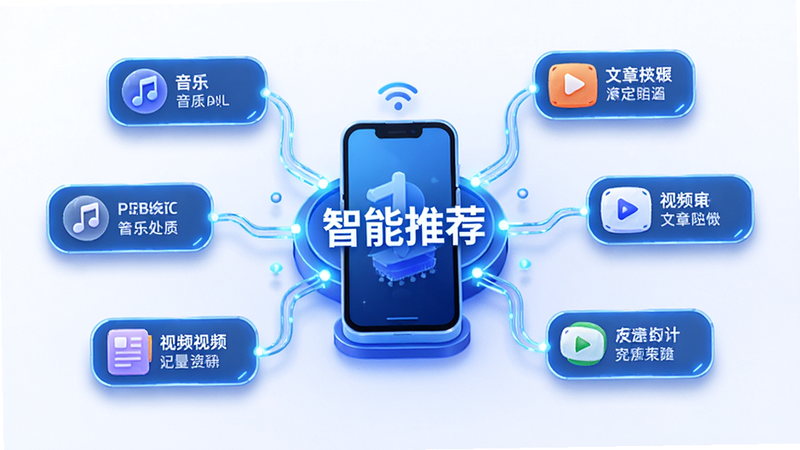 抖小融智能推荐算法示意图,中心为手机图标,周围环绕不同类别的内容标签如音乐、视频、文章,布局呈放射状,风格科技感蓝色调,细节线条流畅,画质高清,干净背景,文字