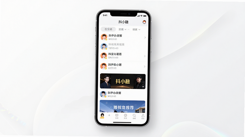一张展示抖小融APP界面全景的高清概念图,主体为手机屏幕显示简洁的社交列表与推荐内容,布局清晰整洁,风格现代简约,白色背景,细节处有柔和阴影,画质4K,无多余元素,文字
