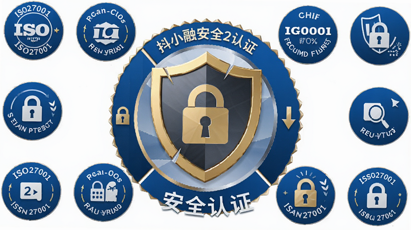 抖小融安全认证徽章展示图,中心为金色盾牌Logo,周围环绕ISO27001等认证图标,布局严谨庄重,风格商务蓝,细节处有锁形元素,画质高清,背景白色,文字