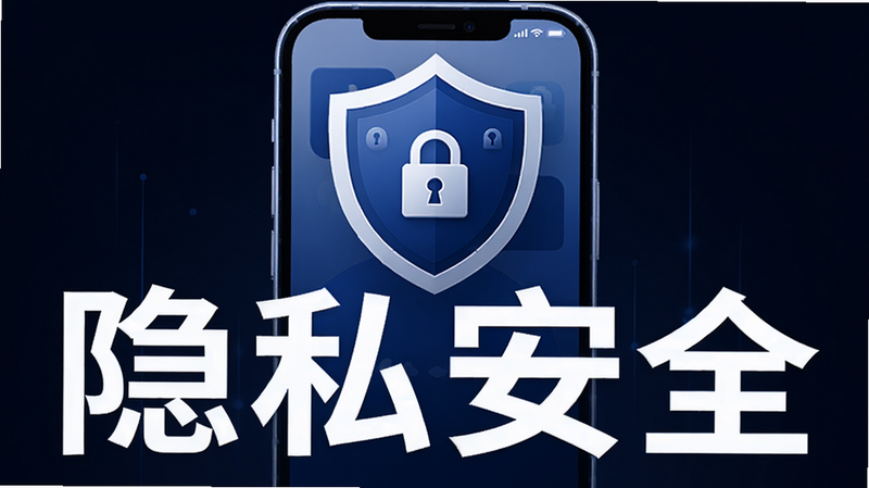抖小融隐私保护概念图,一个盾牌图标覆盖在手机屏幕上方,象征安全防御,布局中心对称,风格深蓝与白色搭配,细节处有锁形图标点缀,画质细腻,背景纯净,文字