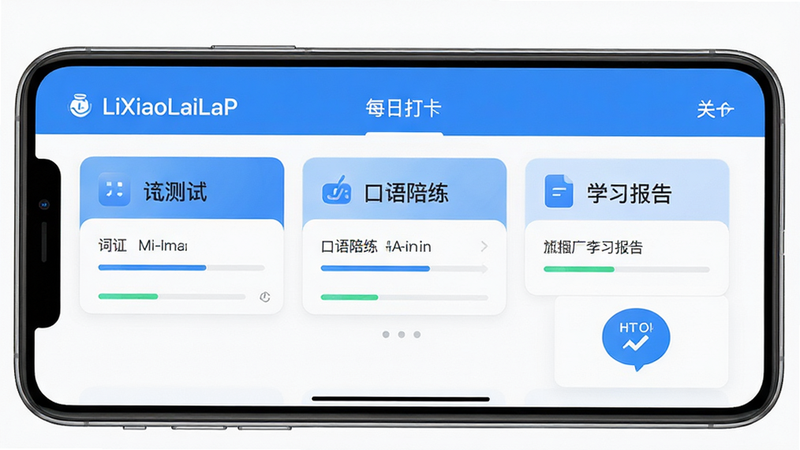 主体为李校来啦APP的高清界面截图,布局清晰展示首页功能入口,包含词汇测试、口语陪练、学习报告等核心模块,排版整洁有序,采用清新的蓝白配色风格,细节处显示用户学习进度条与每日打卡图标,画质高清细腻,干净无多余元素,软件名称“LiXiaoLaiLa”清晰可见于顶部标题栏