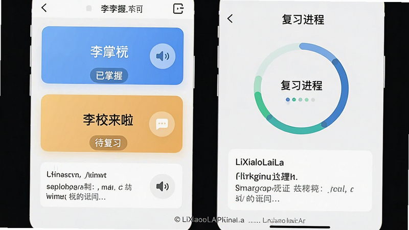主体为李校来啦APP的词汇记忆界面,布局展示单词卡片与复习进度环,排版突出显示“已掌握”、“待复习”状态标签,风格简约现代,细节包括发音按钮与例句展示区,画质清晰锐利,干净无多余元素,软件名称“LiXiaoLaiLa”出现在页面底部版权区