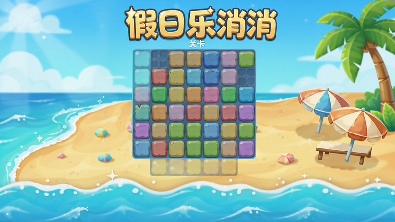 主体为假日乐消消游戏内的海滩关卡场景,布局展示沙滩背景与漂浮的彩色消除方块,排版自然,风格夏日清新,细节包含海浪动画与遮阳伞装饰,画质高清,干净,文字包含