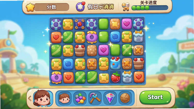 主体为假日乐消消游戏主界面,布局清晰,上方显示分数与关卡进度,中间是色彩鲜艳的消除方块矩阵,下方是道具栏,排版整洁,风格清新卡通,细节包含闪光特效与可爱角色头像,画质高清,干净无多余元素,文字包含