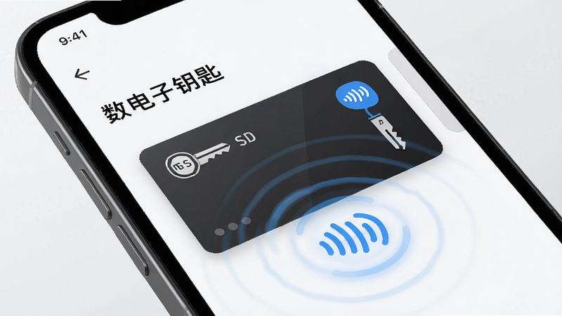 主体为智能手机屏幕,显示“电子钥匙”应用界面,布局清晰展示数字钥匙卡片,排版极简主义风格,细节包含NFC感应波纹特效,画质高清,干净,无多余元素