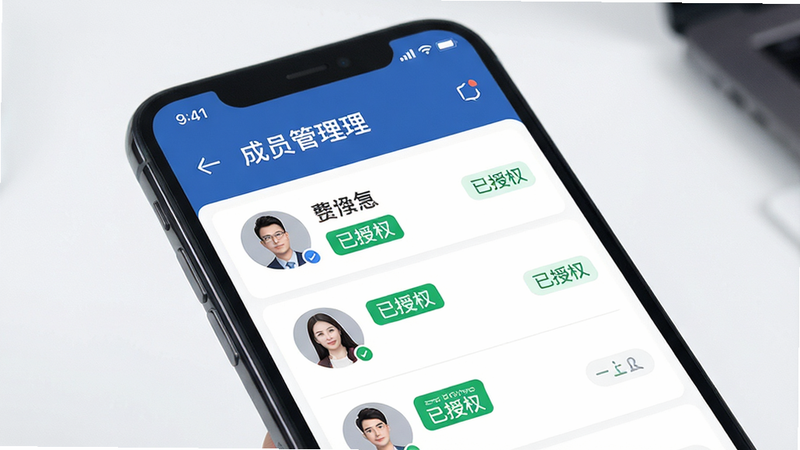 主体为手机界面展示成员管理列表,布局包含头像与权限状态图标,排版整洁有序,风格现代商务,细节显示绿色“已授权”标签,画质高清,干净,无多余元素