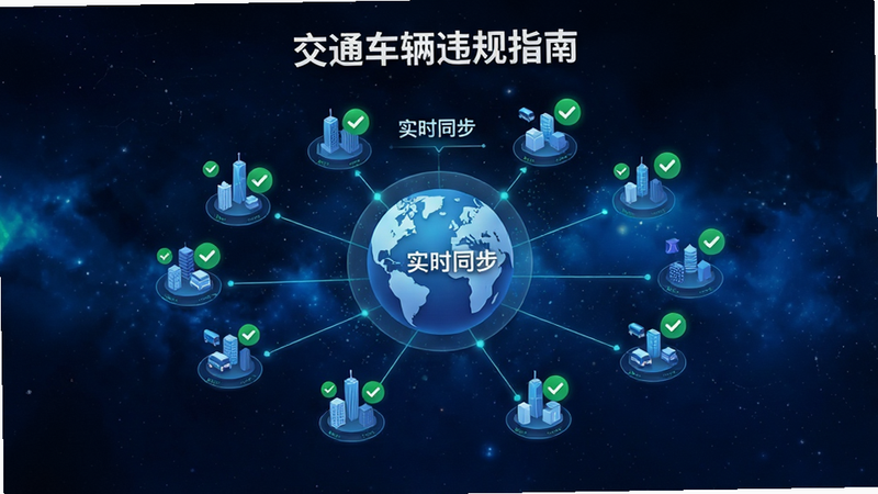 展示“交通车辆违规指南”应用的数据同步过程可视化图表,主体为地球仪图标连接着多个城市节点,布局呈放射状,排版简洁,风格为数据可视化科技风,细节包含绿色对勾图标表示数据已同步,背景为深蓝色星空渐变,画质高清,干净,文字标注“实时同步”