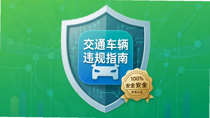 手机安全盾牌图标,背景为绿色渐变,主体为“交通车辆违规指南”APP图标被盾牌保护,布局中心对称,排版简洁有力,风格为信任与安全科技风,细节包含“安全认证”徽章,画质高清,干净,文字“100%安全”