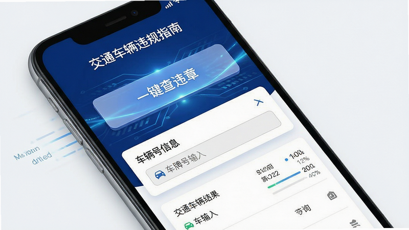 主体为“交通车辆违规指南”安卓应用的主界面全屏展示,布局采用极简扁平化设计,顶部显示应用名称“交通车辆违规指南”,中间为核心功能模块“一键查违章”大按钮,下方展示模拟的车辆信息卡片包含车牌号输入框和查询结果列表,风格为现代科技风,色彩以深蓝和白色为主色调,细节处体现数据流动的光效,画质高清,干净无多余元素,文字清晰可读