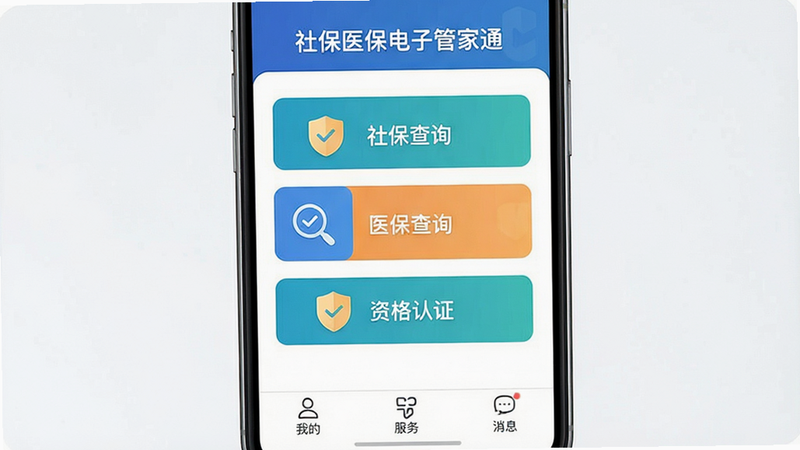 ����Ϊ�ֻ���Ļչʾ�籣ҽ�����ӹܼ�ͨAPP���棬����������������ʾ���⡰�籣ҽ�����ӹܼ�ͨ�����м�ͻ�����籣��ѯ����ҽ����ѯ�����ʸ���֤���������Ĺ��ܰ�ť���ײ��С��ҵġ������񡱡���Ϣ�����������Ű����ִ������Ϊ��ƽ����ƣ�ϸ�ڴ��ж���ͼ��������ȫ�����ʸ��壬�ɾ��޶���Ԫ��