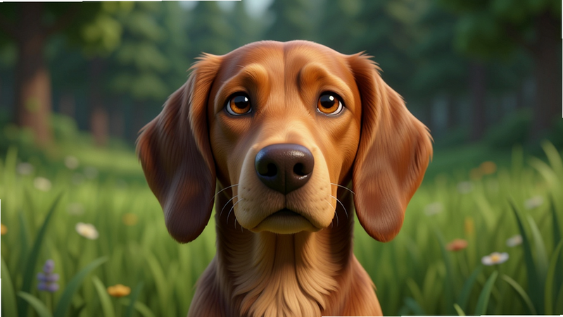 主体为一只写实风格的棕色猎犬,位于画面中央,背景是模糊的绿色森林草地,布局居中对称,排版简洁大气,风格为高清3D渲染,细节展现毛发质感与眼神光泽,画质8k超清,干净无多余元素,图中无文字
