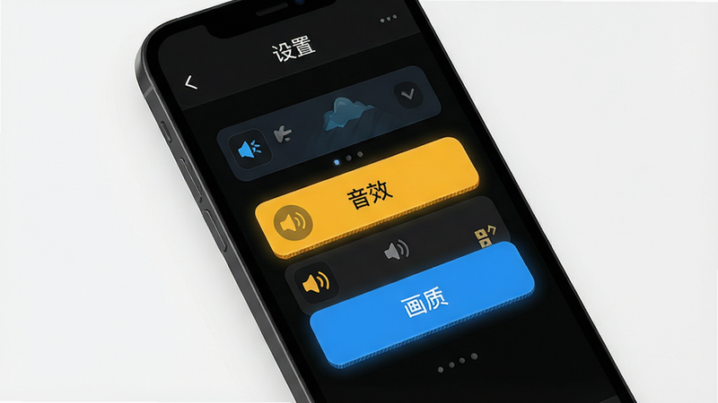 主体是手机屏幕显示游戏设置界面,背景为深色模式,布局清晰,排版整洁,风格为UI设计展示,细节展现按钮高亮与图标清晰度,画质锐利,干净界面,图中文字为