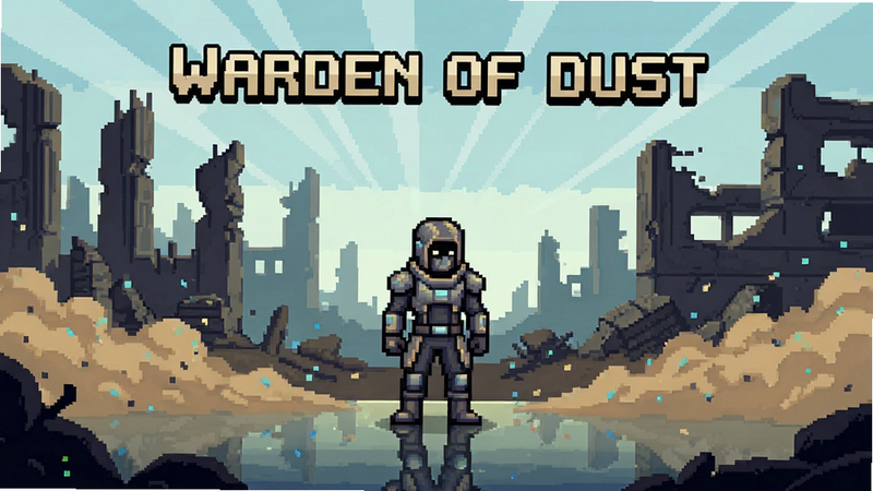 主体为Warden of Dust游戏主界面,布局清晰展示角色站姿与背景废墟,排版简洁大气,风格为科幻废土像素风,细节包含尘埃粒子效果与光影反射,画质高清,干净,无多余元素,文字