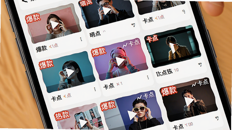 主体为手机屏幕展示视频模板选择界面,布局为网格状排列,每个模板卡片展示不同的视频效果预览,排版紧凑有序,风格活泼时尚,细节包含热门标签如“爆款”、“卡点”,文字内容清晰,画质清晰,色彩鲜艳,无模糊元素