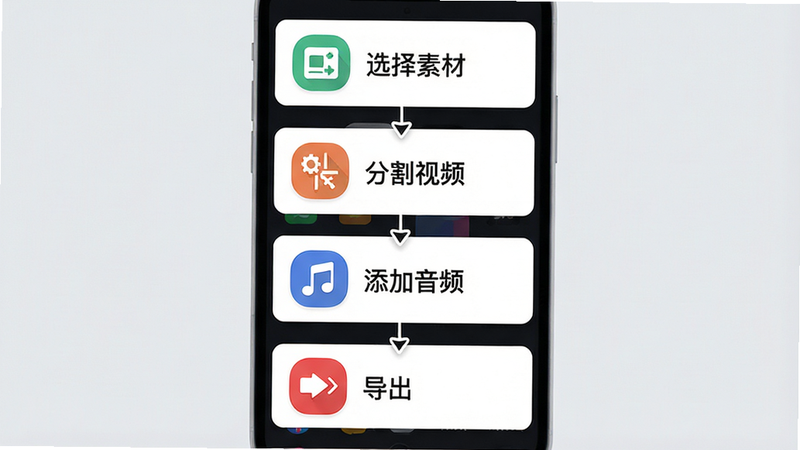 主体为手机剪辑快APP的分步操作流程图,布局为垂直排列的步骤卡片,排版逻辑清晰,风格扁平化设计,细节包含图标指示“选择素材”、“分割视频”、“添加音频”、“导出”,文字说明简明扼要,画质高清,背景浅灰色,无杂乱线条
