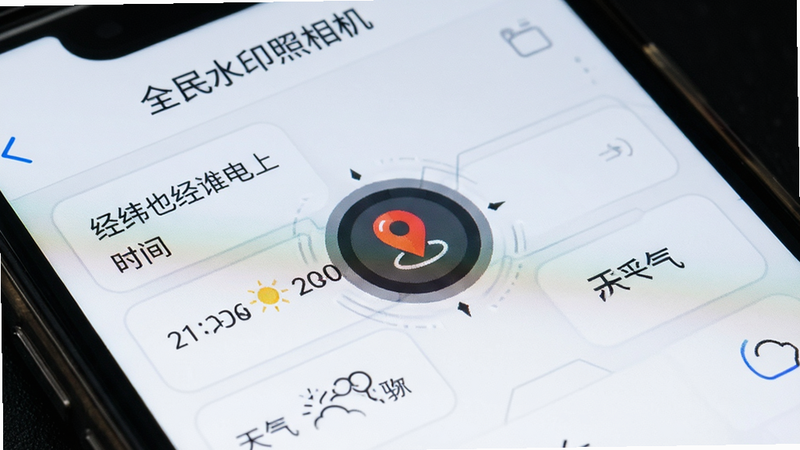 手机界面特写,显示“全民水印照相机”的水印设置页面,布局包含经纬度、时间、天气等选项,排版紧凑有序,风格科技感强,细节展示定位图标闪烁效果,画质清晰,无多余装饰