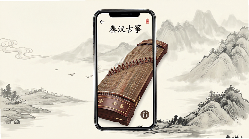主体为手机屏幕显示的古筝应用界面,背景为淡雅的中国风水墨画,布局居中,排版清晰,风格古典雅致,细节包含琴弦纹理与UI图标,画质高清,干净,无多余元素,文字