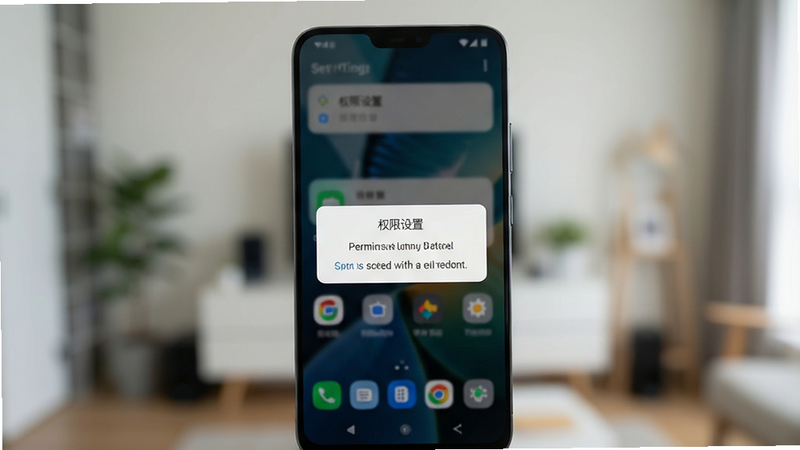 主体为手机桌面图标与设置界面,背景为模糊的室内环境,布局整洁,排版符合安卓设计规范,风格现代简约,细节显示权限弹窗,画质清晰,干净,无多余元素,文字