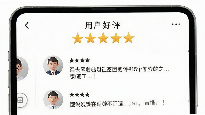 主体为五星评价界面,背景为白色,布局居中,排版清晰,风格简约商务,细节显示用户头像与评论文字,画质高清,干净,无多余元素,文字