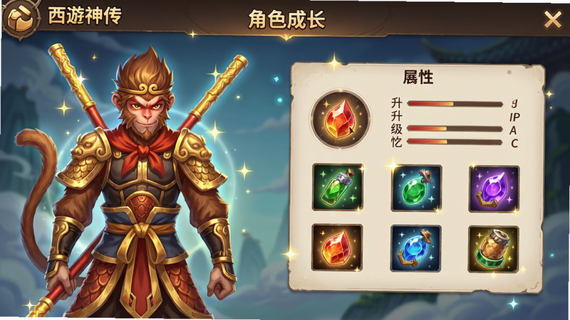 主体为《西游神传》角色养成界面,布局展示孙悟空角色立绘与属性面板,排版清晰列出升级材料图标,风格为UI界面设计,细节展示星光闪烁效果,画质精致,干净,无多余元素,文字