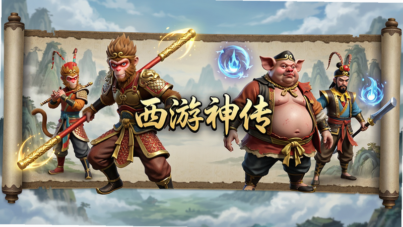 主体为《西游神传》游戏主界面全景,布局居中展示孙悟空、猪八戒等西游角色3D建模,排版采用横向卷轴式背景,风格为东方奇幻与写实结合,细节丰富如毛发质感和技能光效,画质4K高清,干净无多余元素,文字