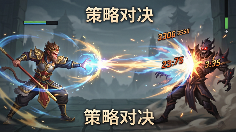 主体为《西游神传》战斗场景,布局左右对阵,左侧我方角色释放技能,右侧敌方受击,排版简洁突出技能交互,风格为动态战斗特效,细节展示技能轨迹与伤害数字,画质高清,干净,无多余元素,文字