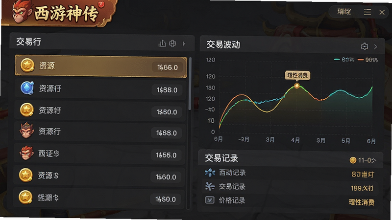 主体为《西游神传》游戏内交易行界面,布局展示资源列表与价格波动图表,排版清晰直观,风格为商务UI设计,细节展示金币图标与交易记录,画质高清,干净,无多余元素,文字