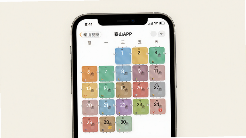 i泰山APP日历视图界面展示,主体为手机屏幕中的彩色日历格子,背景为柔和的米白色,布局规整,排版有序,风格简约清新,细节精致,画质清晰,干净,无多余元素