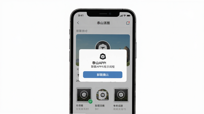 i泰山APP卸载流程示意图,主体为手机界面上的卸载确认弹窗,背景为白色,布局居中,排版简洁,风格扁平,细节明确,画质清晰,干净,无多余元素