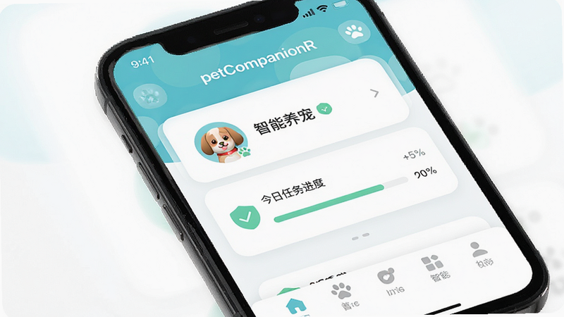 主体为手机屏幕展示 petCompanionR 应用界面,布局清晰分为顶部状态栏、中部功能卡片区(显示宠物头像、今日任务进度)、底部导航栏,排版采用扁平化设计,风格清新简约,细节包括柔和的圆角卡片、清晰的图标标识,画质高清,干净,无多余元素,文字标注为