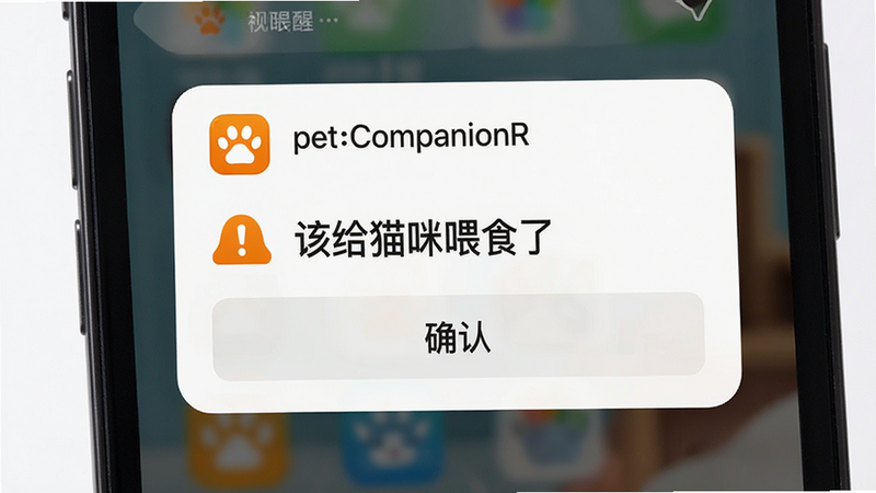 主体为手机通知栏弹出 petCompanionR 提醒消息,布局为悬浮卡片式,顶部显示应用图标和名称,中间为提醒内容“该给猫咪喂食了”,底部为确认按钮,排版紧凑,风格醒目但不打扰,细节包括橙色的提醒图标、白色的背景卡片,画质高清,干净,无多余元素,文字标注为
