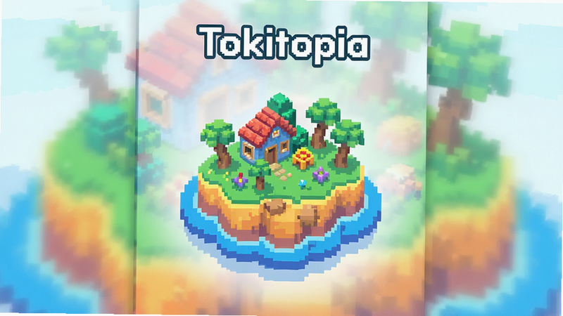 一张高清晰度的数字艺术图,主体是Tokitopia应用的主界面预览,布局采用中心对称设计,展示一个色彩斑斓的像素风岛屿,周围环绕着柔和的光晕,排版简洁现代,风格为扁平化与像素艺术结合,细节丰富,画质4k,干净,无多余元素,文字'Tokitopia'居中显示