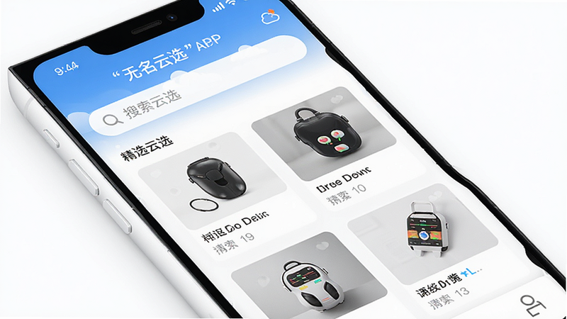主体为白色背景上的手机屏幕,屏幕显示“无名云选”APP界面,布局清晰,顶部有搜索栏,中间展示精选商品卡片,排版整齐,风格简约现代,细节丰富,画质高清,干净无多余元素,文字加引号“无名云选”