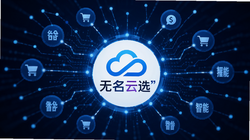 主体为抽象的数据流与商品图标结合,布局呈放射状,中心是“无名云选”Logo,排版科技感强,风格蓝色调,细节为数据节点连接,画质清晰,干净无多余元素,文字加引号“智能推荐”