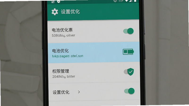 手机设置界面示意图,主体为安卓手机设置页面,高亮显示“电池优化”与“权限管理”选项,布局垂直列表,排版简洁,风格为系统UI截图,细节显示开关状态,画质清晰,干净,无多余元素,文字“设置优化”