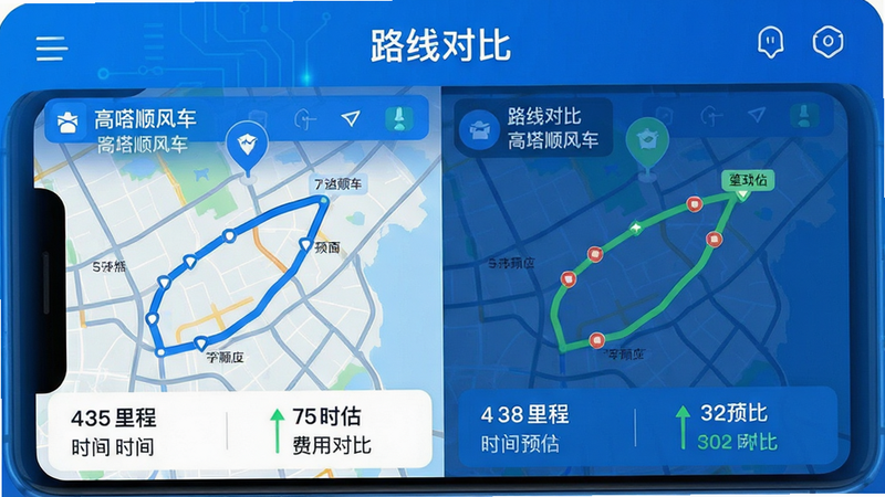 ����һ�Ÿ��˳�糵·�߹滮����ʾ��ͼ������Ϊ�ֻ���Ļ��ʾ������ͬ·�ߵĶԱȵ�ͼ���������ҷ������Ű����������Ϊ�Ƽ�����ɫ����ϸ�ڰ���������֡�ʱ��Ԥ�������öԱȱ�ǩ�������������ɾ����޶���Ԫ�أ����ֱ�ע