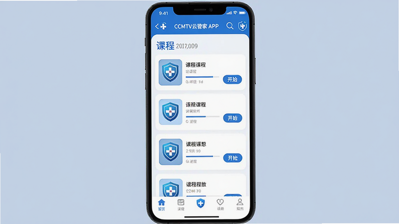 主体为CCMTV云管家APP的手机界面展示图,布局清晰,顶部显示状态栏与应用标题,中间区域呈现课程列表卡片,包含医学图标、进度条与开始按钮,底部为导航栏,风格现代简约,蓝色主色调,细节处有医疗十字标志点缀,画质高清,干净无多余元素