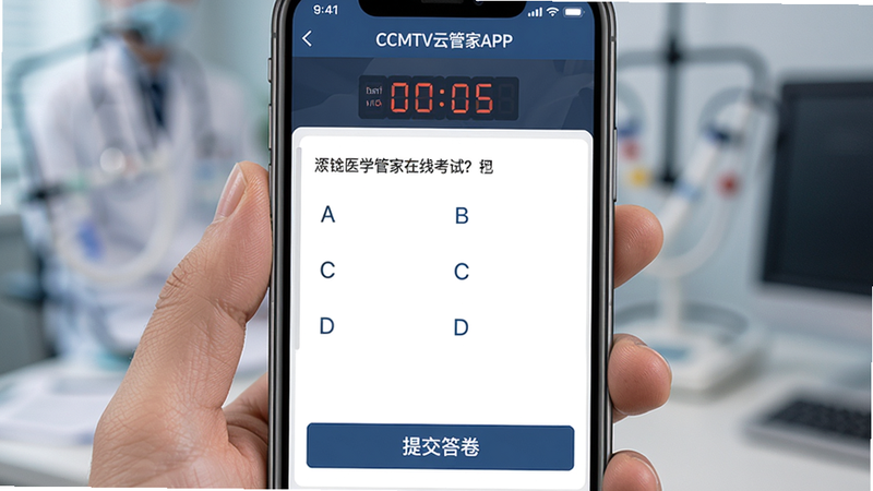 CCMTV云管家APP的在线考试界面,屏幕中央显示一道医学选择题,选项A、B、C、D排列整齐,顶部有倒计时显示,底部有“提交答卷”按钮,界面色调沉稳专业,无干扰元素,画质高分辨率,细节清晰