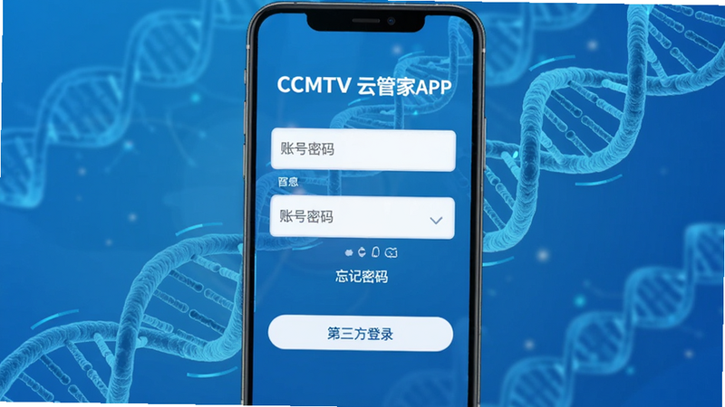 CCMTV云管家APP的登录界面,主体为账号密码输入框,下方有“忘记密码”与“第三方登录”选项,背景为医疗蓝色调,带有抽象的DNA双螺旋结构图案,风格科技感与专业性并存,画质清晰,无多余装饰