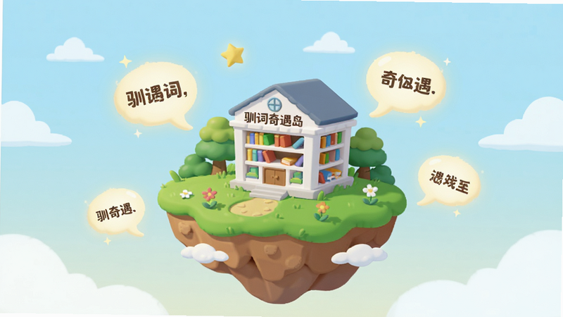画面主体是一座漂浮在空中的卡通风格岛屿,岛上有一座白色的图书馆建筑,周围环绕着绿色的草地和发光的单词气泡。背景是淡蓝色的天空和几朵白云。布局上岛屿位于中心,气泡分布在四周。排版整洁,风格为扁平化插画,细节丰富,色彩明亮温馨。画质高清,干净,无多余元素,文字显示为